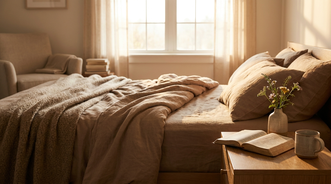 Soft morning light through a curtain with a warm blanket and tea, representing comfort and healing from Bible verses