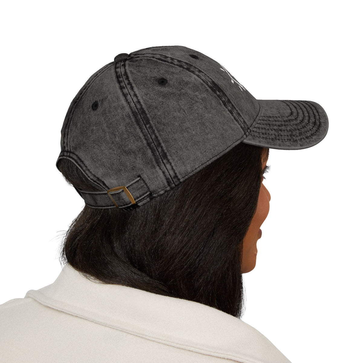 God is greater christian hat back view — adjustable antique brass buckle dad cap