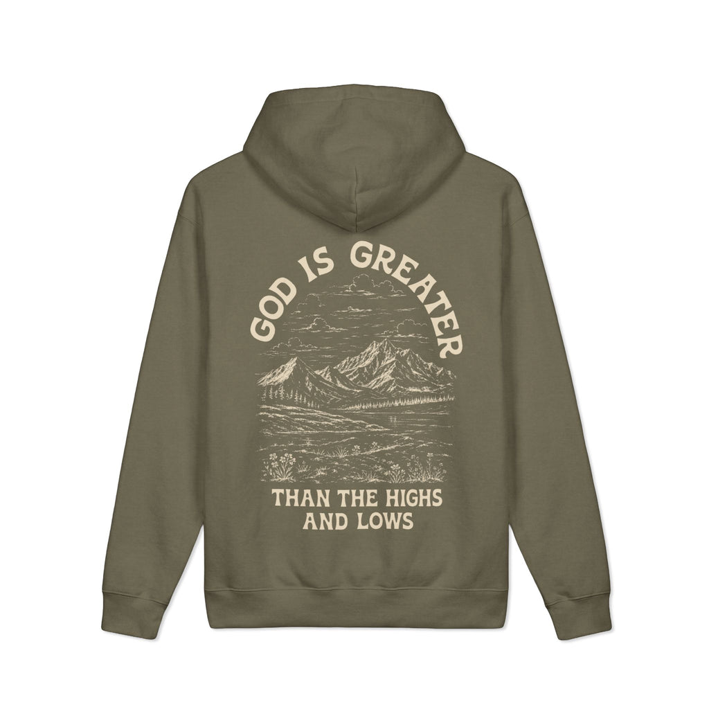 God Is Greater Than the Highs and Lows Christian Hoodie — Olive